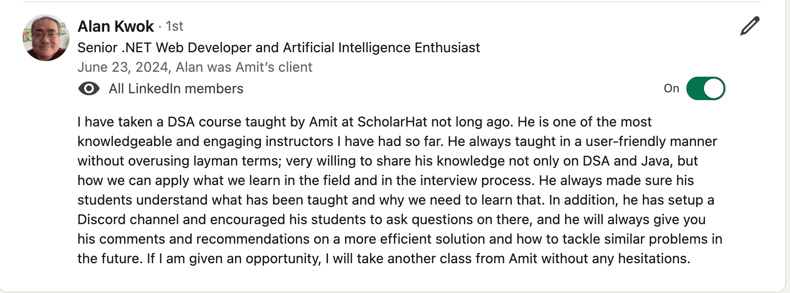 Testimonial from Alan Kwok